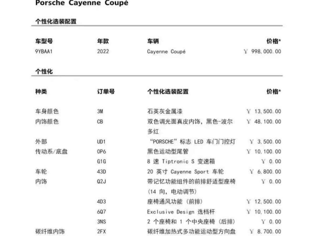 2022年8月保時(shí)捷 Cayenne  2022款 Cayenne Coupé 3.0T 鉑金版