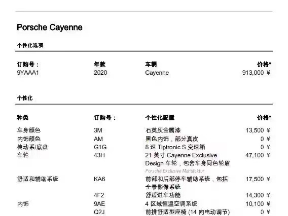 2020款卡宴选配价目表图片