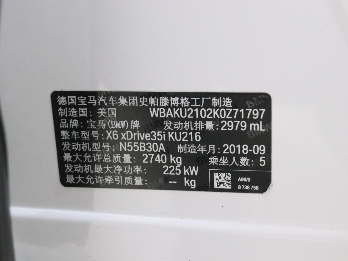 2019年1月宝马 宝马X6  2018款 xDrive35i 领先型